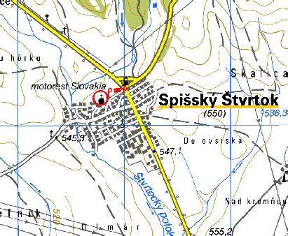 mapa obce Spišský Štvrtok so zvýraznenými obchodnými prevádzkami