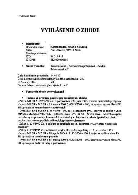 Certifikát vyhlásenia o zhode - príklad