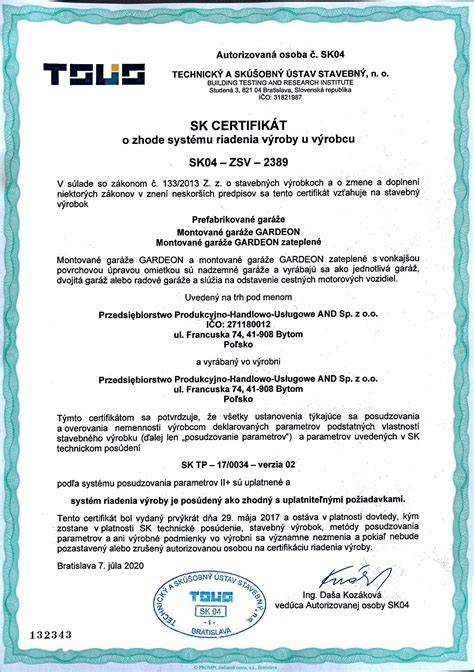 Certifikát vyhlásenia o parametroch pre potrubné materiály