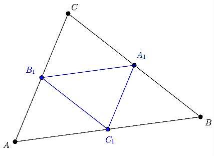 Stredné priečky trojuholníka s vyznačenými stredmi strán a rovnobežnými stranami