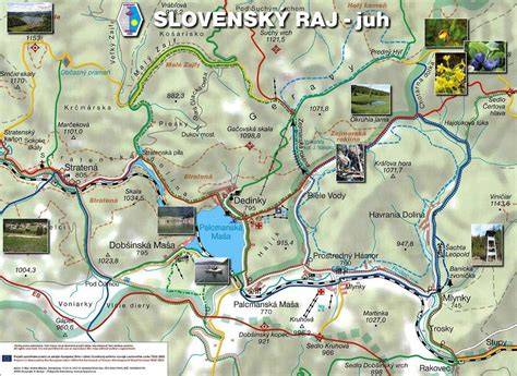 Mapa Slovenského raja s vyznačenými riekami a turistickými chodníkmi