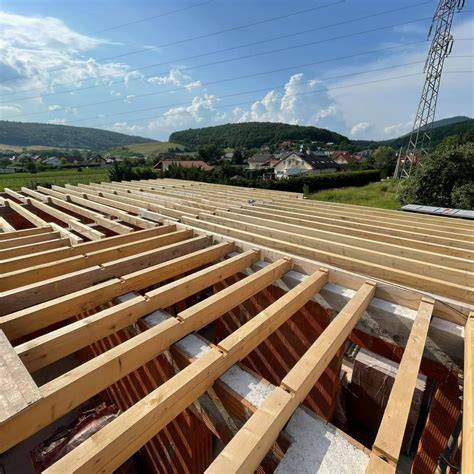 Schéma konštrukcie prekladaného dreveného stropu s vyznačením trámov a dosiek