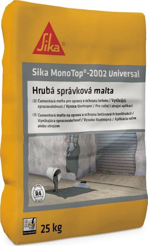 Infografika: Kľúčové vlastnosti Sika MonoTop-2002 Universal (trieda R4, tixotrópna, odolnosť proti mrazu a soliam, minimálne zmrašťovanie, trieda A1)
