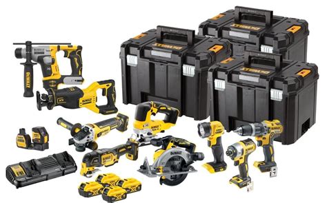 Ilustratívna fotografia kombo sady elektrického náradia DeWALT s nabíjačkou a batériami