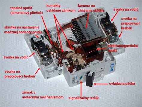 Schéma vnútorného mechanizmu ističa s bimetalom a elektromagnetickou spúšťou