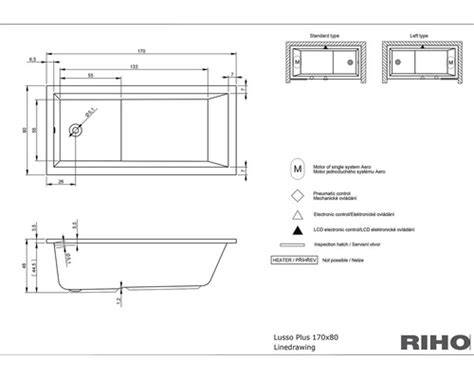 Technický nákres obdĺžnikovej vane 170x80 cm