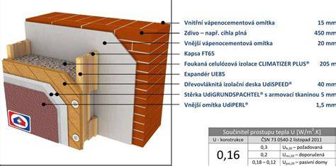 Schéma zateplenia typického rodinného domu s označenými časťami a materiálmi