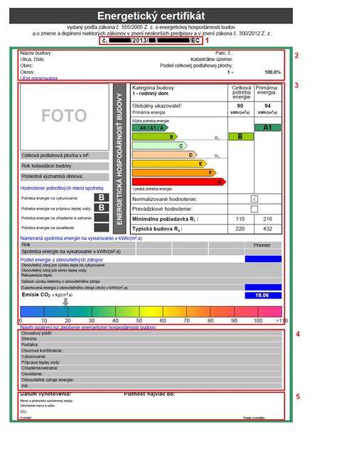 Vzor energetického certifikátu s vyznačenými kľúčovými údajmi a energetickými triedami
