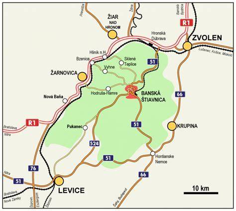 Mapa Banskej Štiavnice s vyznačenou Ulicou Andreja Sládkoviča