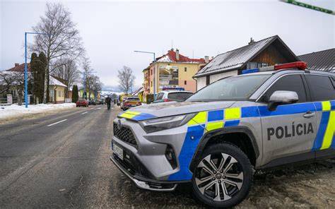 Zničené policajné autá po útoku tehlou