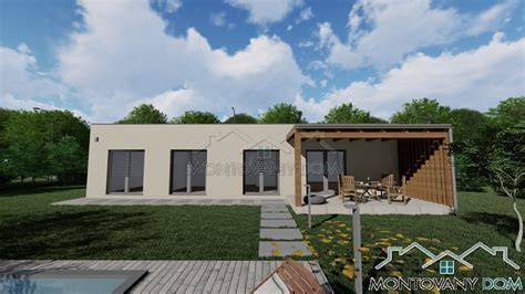 Moderný bungalov s rovnou strechou a drevenými prvkami na fasáde