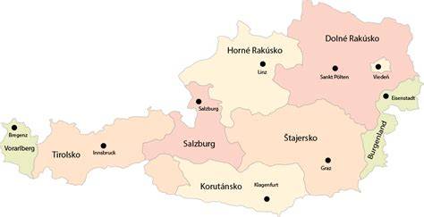 Mapa Rakúska s vyznačenými regiónmi Salzburg a Tirol