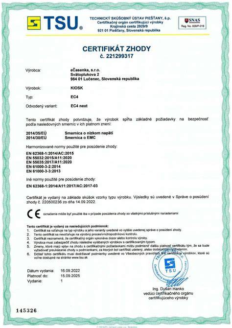 Certifikát zhody pre elektrický rozvádzač