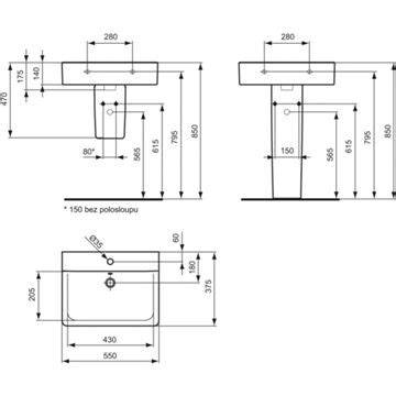 Rozmerový nákres umývadla Ideal Standard Connect Space