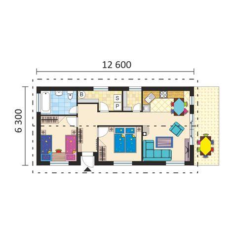 Schéma pôdorysu úzkeho bungalovu v tvare I
