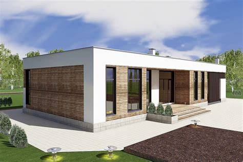 Architektonický vizuál moderného drevodomu s plochou strechou