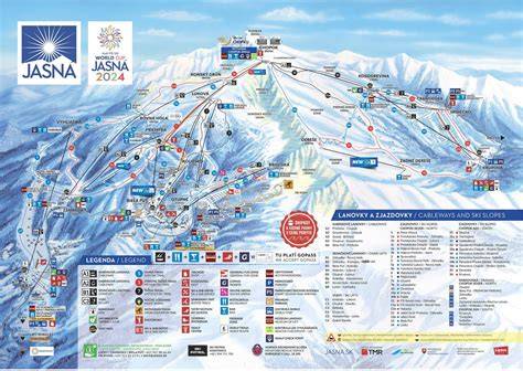 Mapa lyžiarskeho strediska Jasná s navrhovanými zjazdovkami a lanovkami