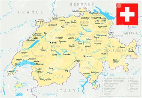 Mapa Švajčiarska s vyznačenými alpskými ľadovcami