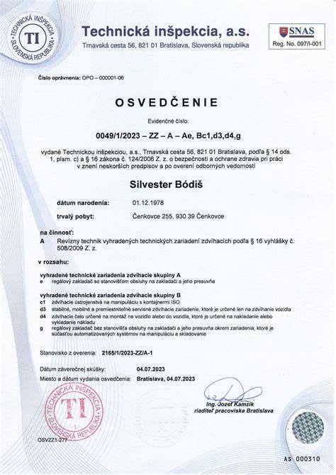 Certifikát revízneho technika