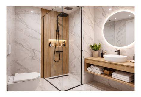 moderná malá kúpeľňa s walk-in sprchovým kútom a svetlými obkladmi