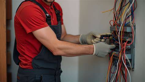 Elektrikár pri práci na elektrickej skrinke