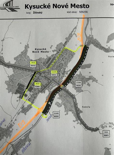 Mapa Kysuckého Nového Mesta s vyznačenými modernizovanými budovami