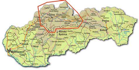Mapa Žilinského kraja s vyznačenými úsekmi ciest Interreg