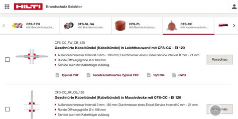 Hilti ETA Selektor požiarnych tesnení - rozhranie
