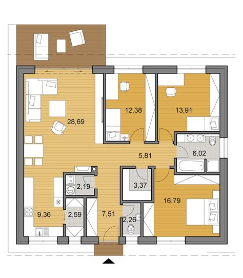 Pôdorys moderného bungalovu s terasou