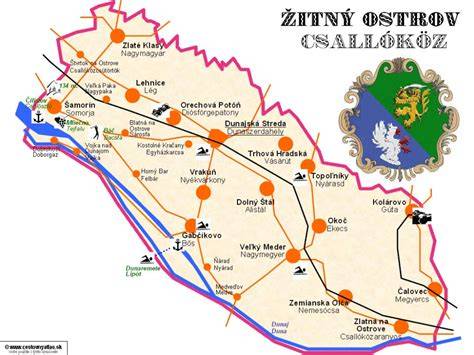 Mapa regiónu Žitný ostrov s vyznačenou železničnou traťou Bratislava - Komárno.