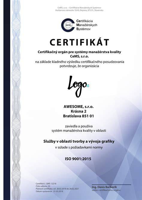 Certifikát kvality ISO 9001 spoločnosti ATTACK