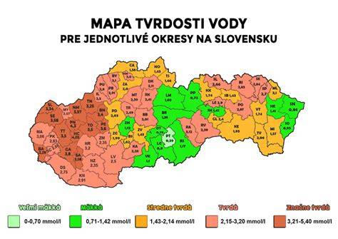 Mapa priemerných hodnôt tvrdosti pitnej vody v okresoch SR