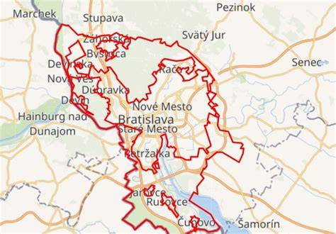 Mapa znázorňujúca historické areály obnovené BSK v okolí Bratislavy