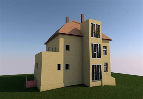 3D model rodinného domu s pôdorysom a exteriérovými prvkami