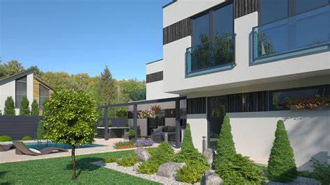 Konečný render 3D vizualizácie rodinného domu pri západe slnka