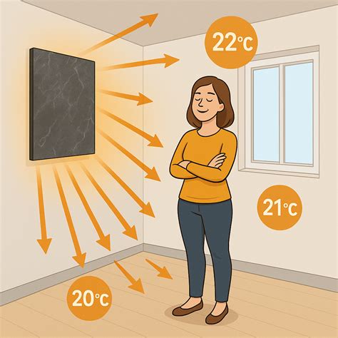 Infografika znázorňujúca sálavé teplo kachľovej pece v interiéri
