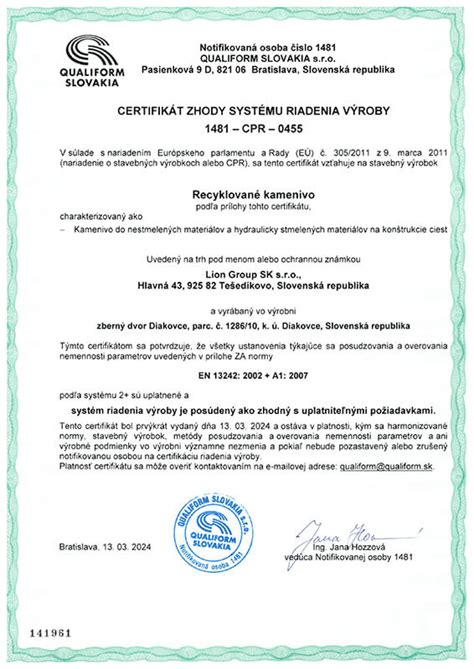 Ukážka certifikátu zhody pre stavebné hydroizolačné materiály