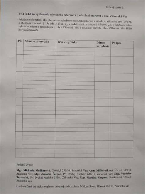 Petičný hárok pre miestne referendum o odvolaní starostu