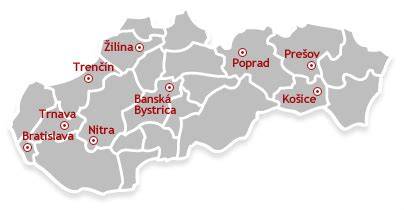 Mapa Slovenska so zvýraznenými mestami projektov IN VEST (Nitra, Bratislava, Šaľa, Trnava)