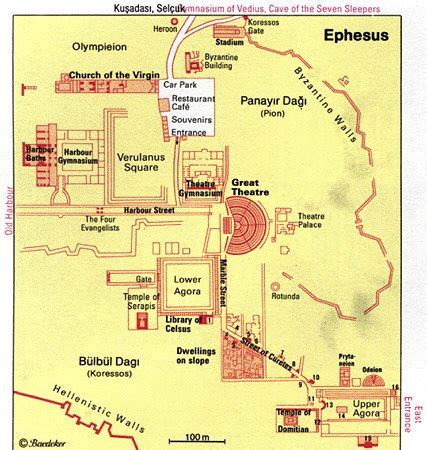 Mapa Efezu s vyznačeným miestom Artemidinho chrámu