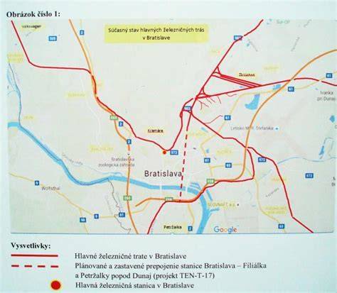 Mapa železničného uzla Bratislava s vyznačenými modernizovanými úsekmi