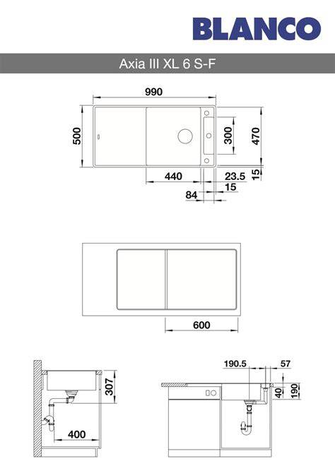 Diagram of Blanco Axia III XL 6 S dimensions and cabinet requirements