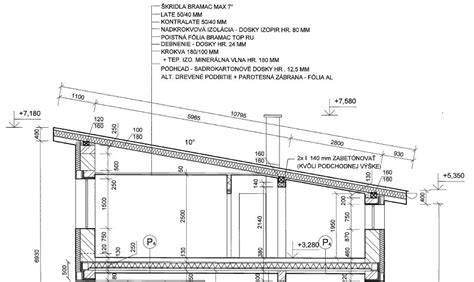 Rez konštrukciou pultovej strechy s vyznačením hrebeňa a spádu