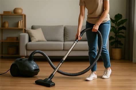 Žena upratujúca podlahu pomocou vysávača a mopu