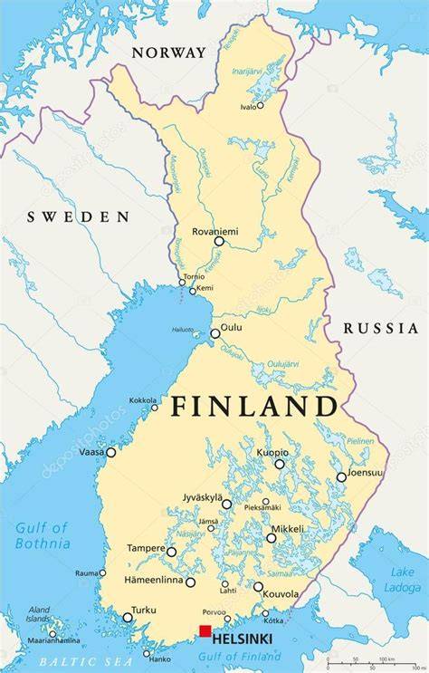 Mapa Fínska a Ruska s vyznačenými diplomatickými misiami