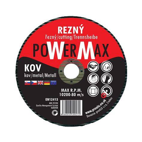 Rezný kotúč na kov s vyznačenými materiálmi, pre ktoré je určený, ako je nerezová oceľ, železo a iné kovy